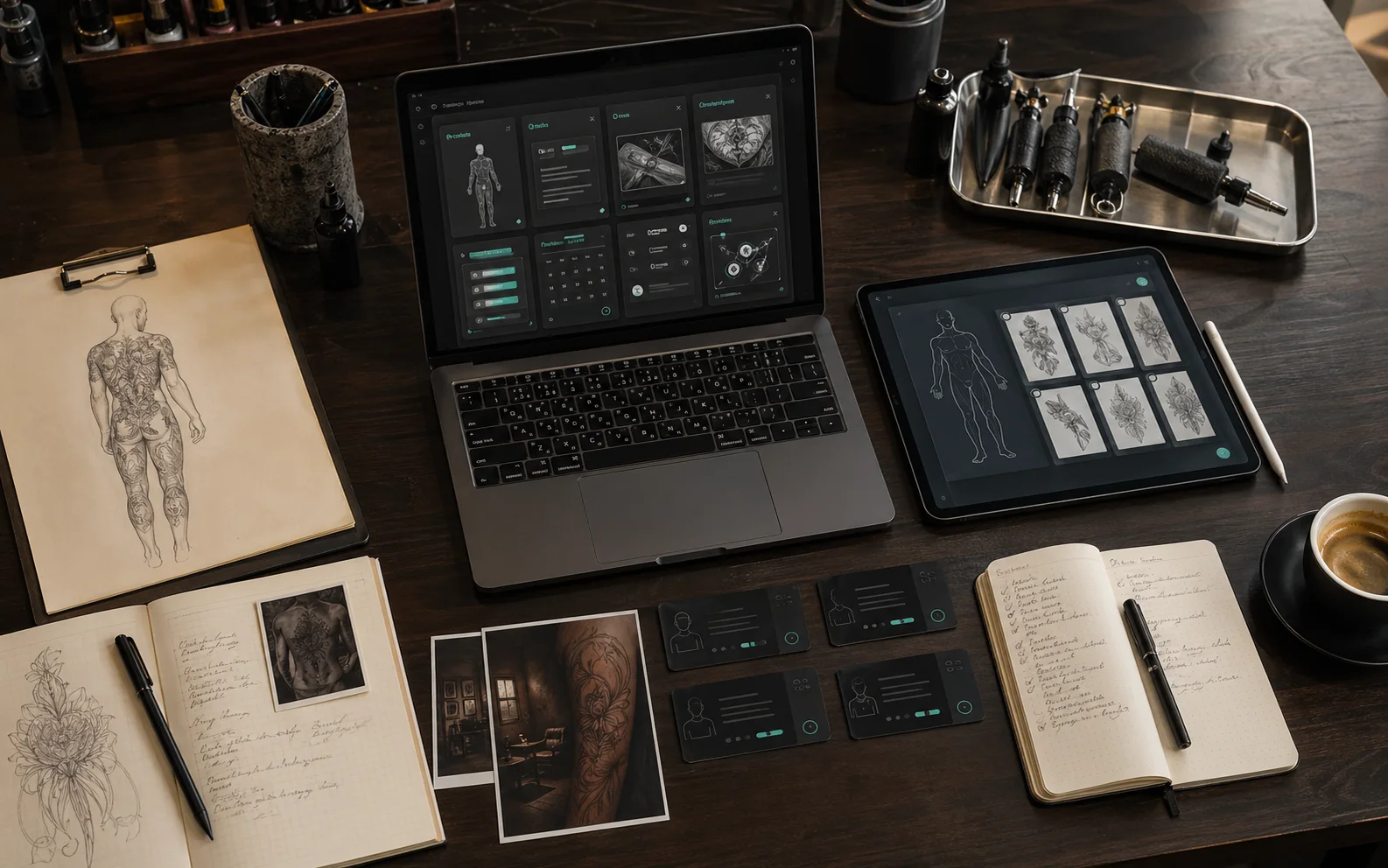 Arbeitstisch mit Laptop, Tablet, Skizzen und einer Tasse Kaffee