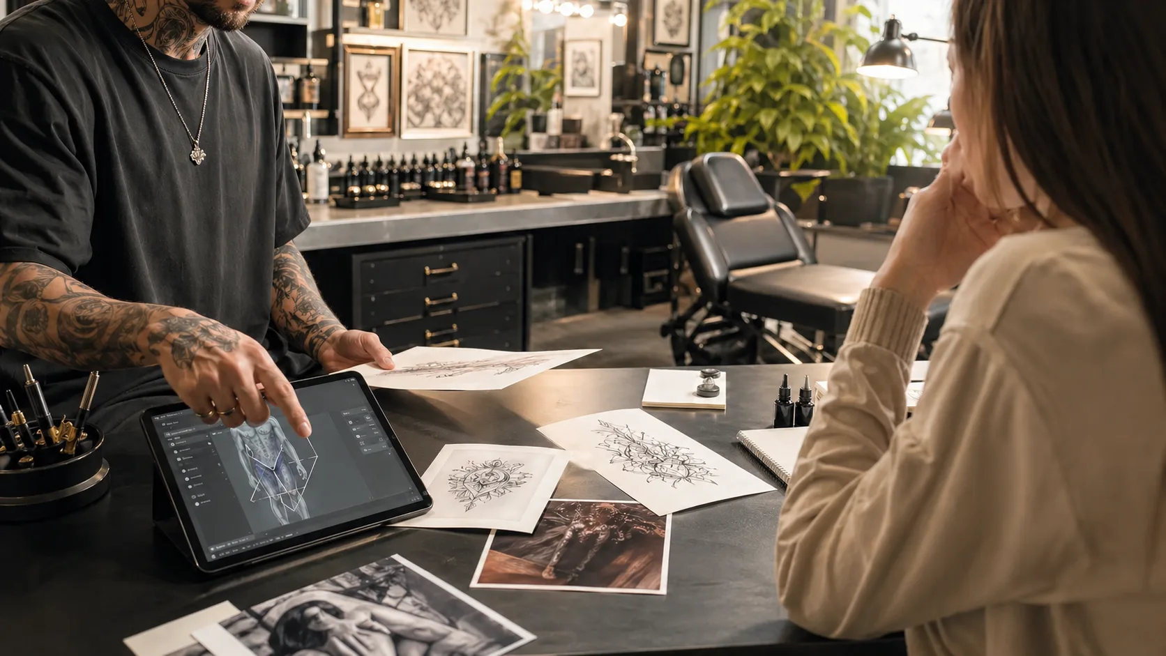Tätowierer zeigt einer Kundin am Tisch einen Entwurf auf dem Tablet, daneben Skizzen und Referenzfotos