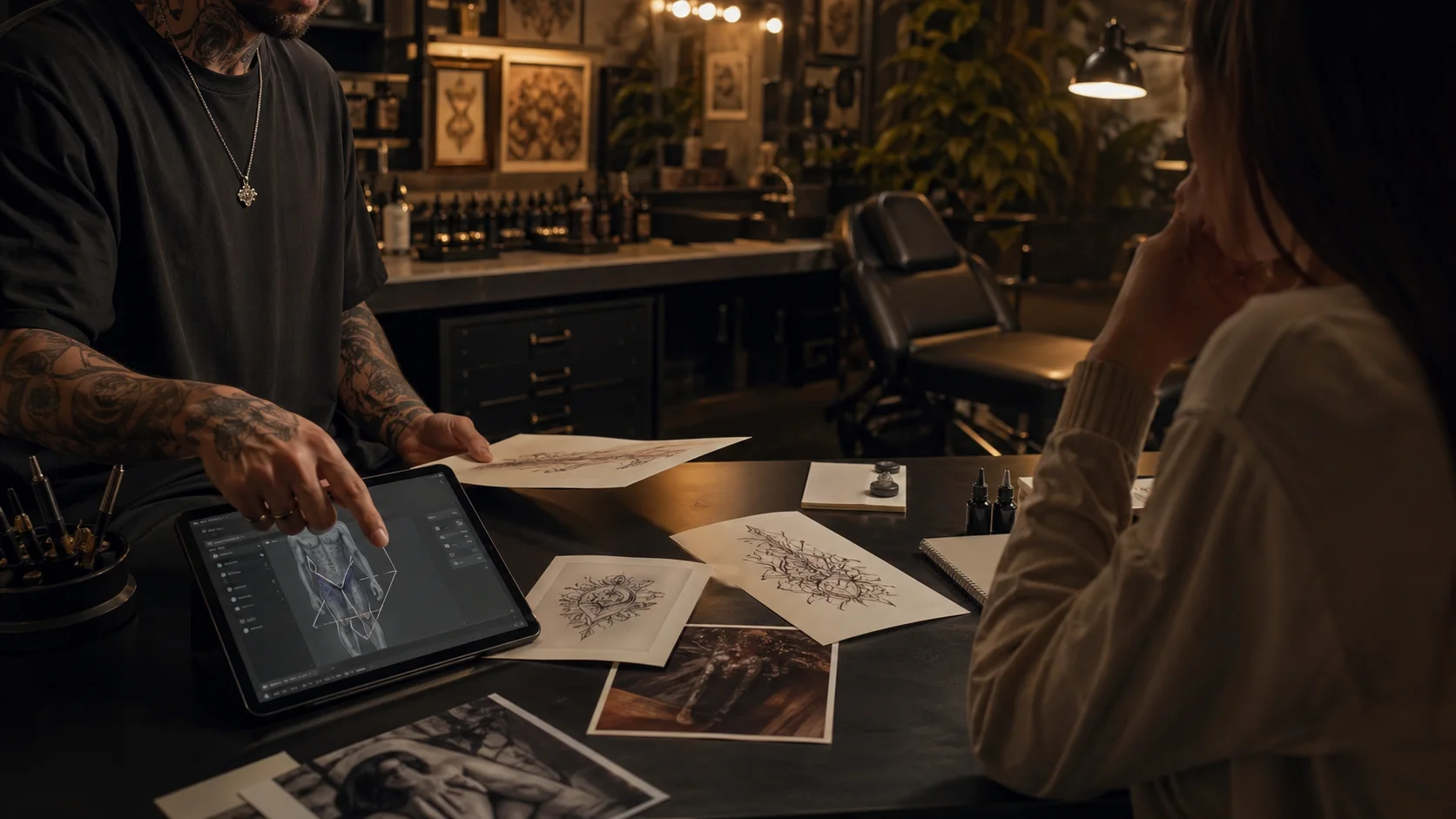 Tätowierer zeigt einer Kundin am Tisch einen Entwurf auf dem Tablet, daneben Skizzen und Referenzfotos