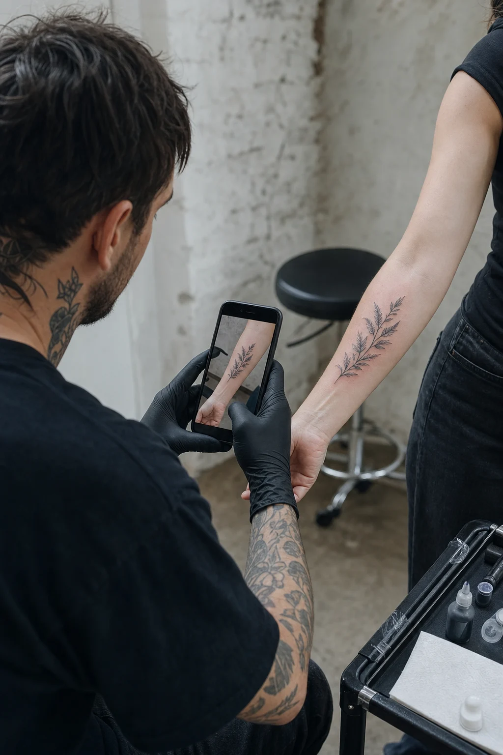 Tätowierer:in fotografiert ein frisch gestochenes Tattoo im Studio