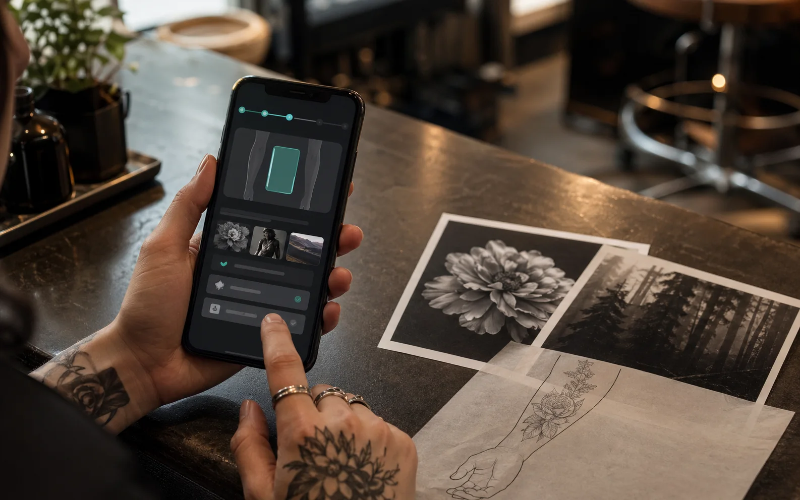 Kundin füllt auf dem Handy ein Tattoo-Anfrageformular aus, auf dem Tisch liegen Referenzfotos und eine Schablone